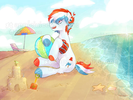 a white earth pony with short red, white, and pale blue hair is sitting at the beach, holding a beachball and wearing inflatable arm pool floats. he is sitting next to a sandcastle and a brightly colored plastic shovel. he looks happy.