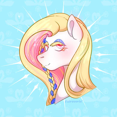 a bust drawing of a white pony with a blonde and pink mane. the pony is smiling demurely and looking at the viewer. her mane is down, with a small braid in it. the braid has a blue ribbon woven in.