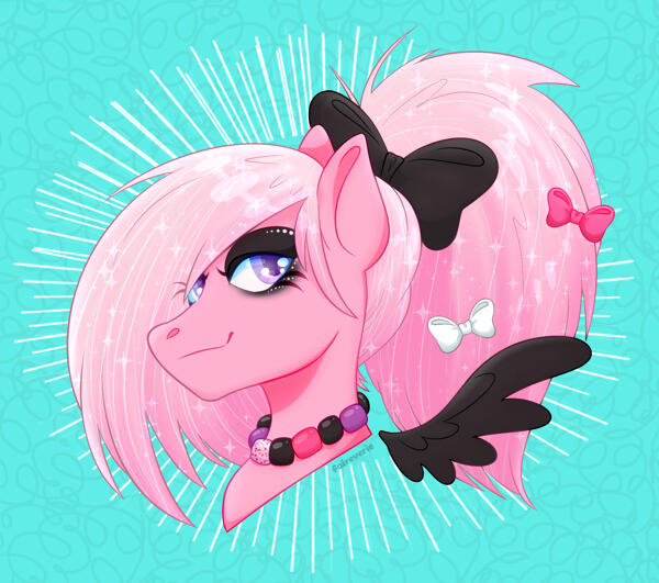 https://artfight.net/character/5110197.fuchsia a bust drawing of a smirking pink pegasus with a glittery pale pink mane. they are dressed in scene-kid fashion, and their mane covers one eye and is put up in a large ponytail.